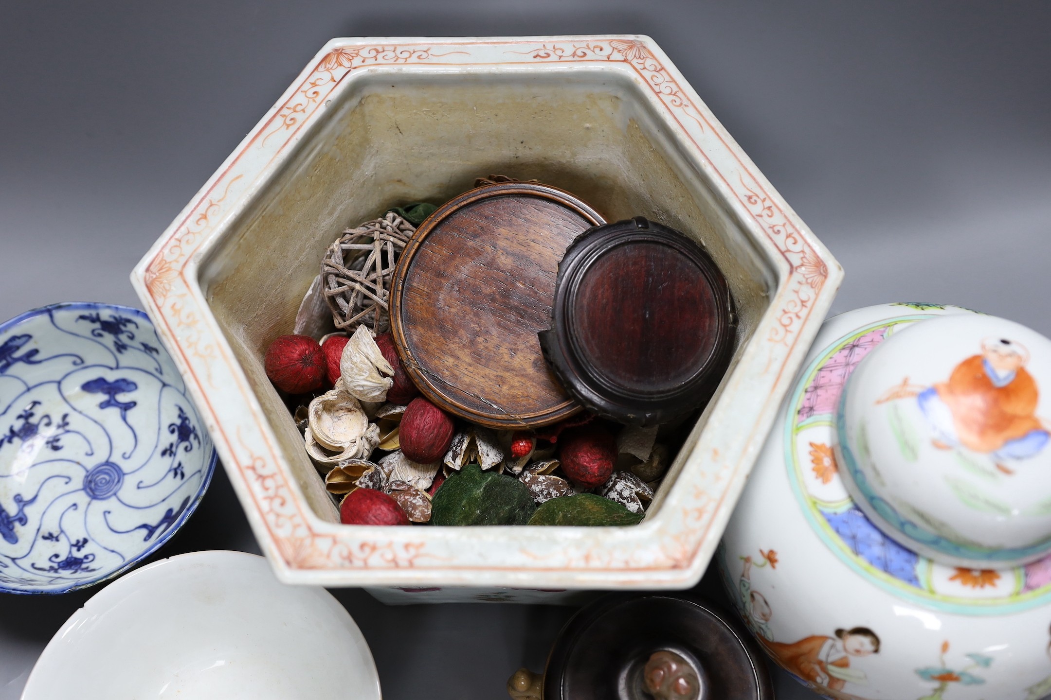 A 19th century Chinese famille rose planter, a jar and cover, two bowls and a crackle ware censer and wood cover, plater 16 cms high